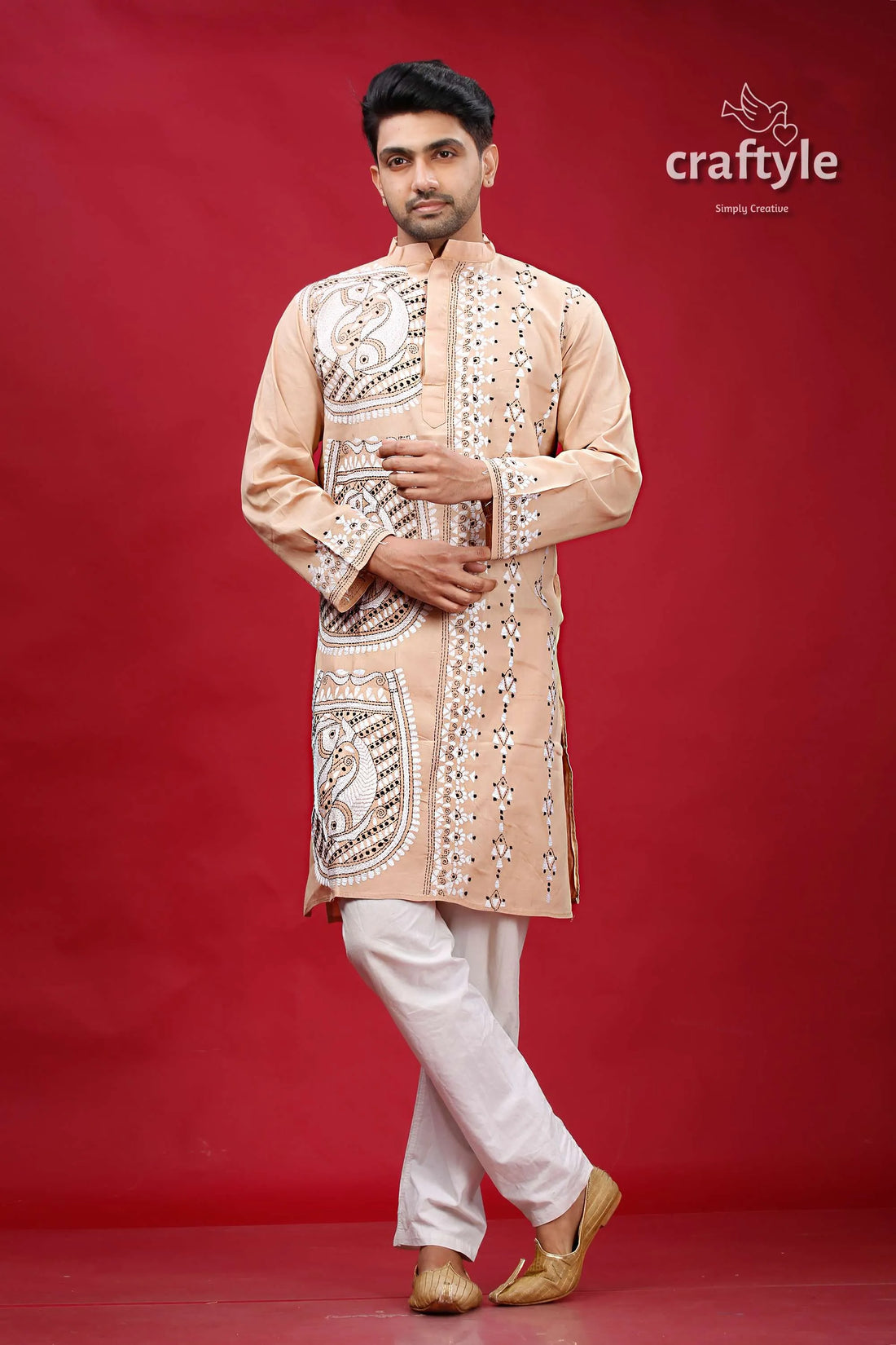 Rodeo dust fish design kantha stitch cotton kurta for men man patterned kurta white pants 1