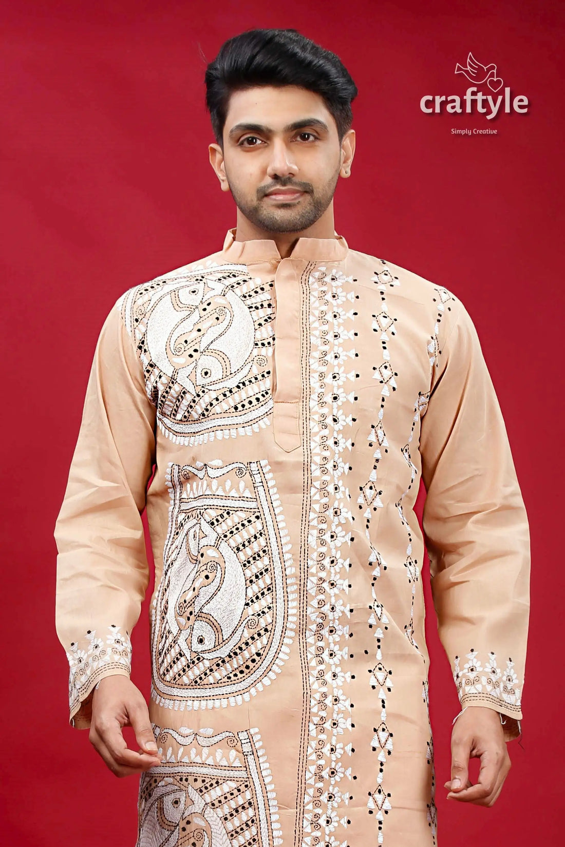 Rodeo dust fish design kantha stitch cotton kurta for men beige kurta intricate embroidery 2
