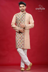 Rodeo dust hand embroidered kantha cotton kurta for men beige colorful geometric 1