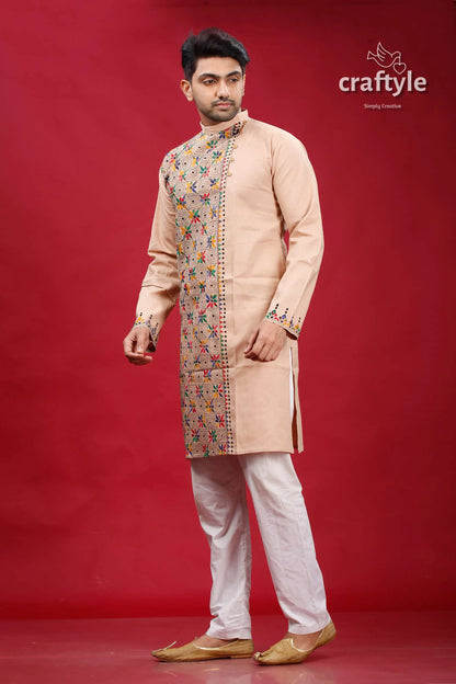 Rodeo dust hand embroidered kantha cotton kurta for men beige colorful geometric 3
