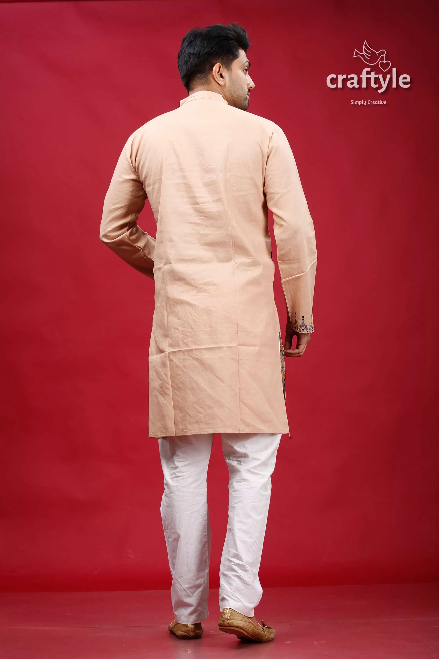 Rodeo dust hand embroidered kantha cotton kurta for men beige subtle embroidery 5