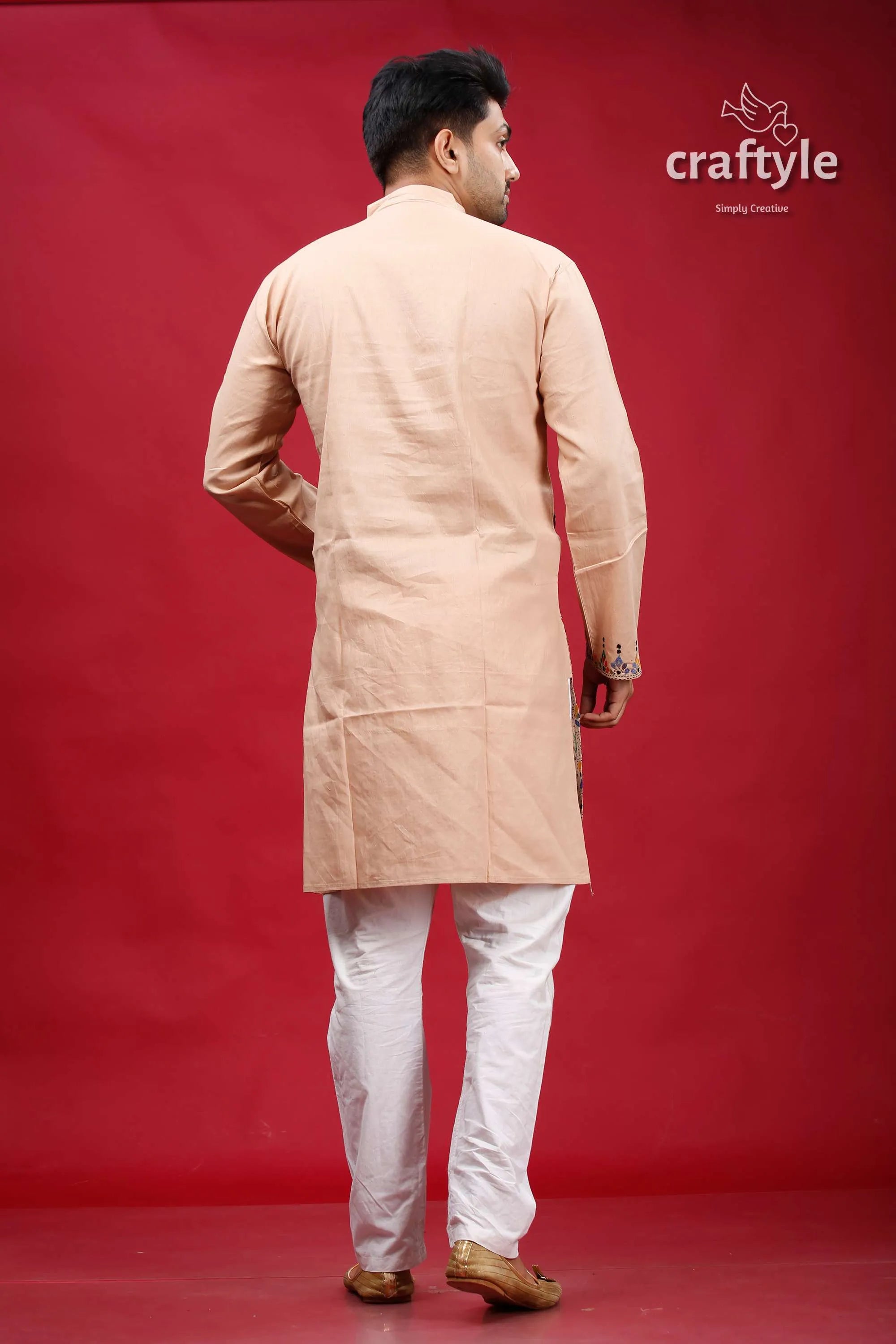 Rodeo dust hand embroidered kantha cotton kurta for men beige subtle embroidery 5