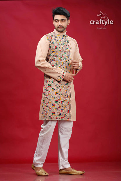 Rodeo dust hand embroidered kantha cotton kurta for men beige colorful geometric 4