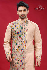 Rodeo dust hand embroidered kantha cotton kurta for men beige colorful geometric embroidery 2