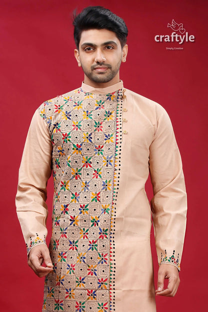 Rodeo dust hand embroidered kantha cotton kurta for men beige colorful geometric embroidery 2