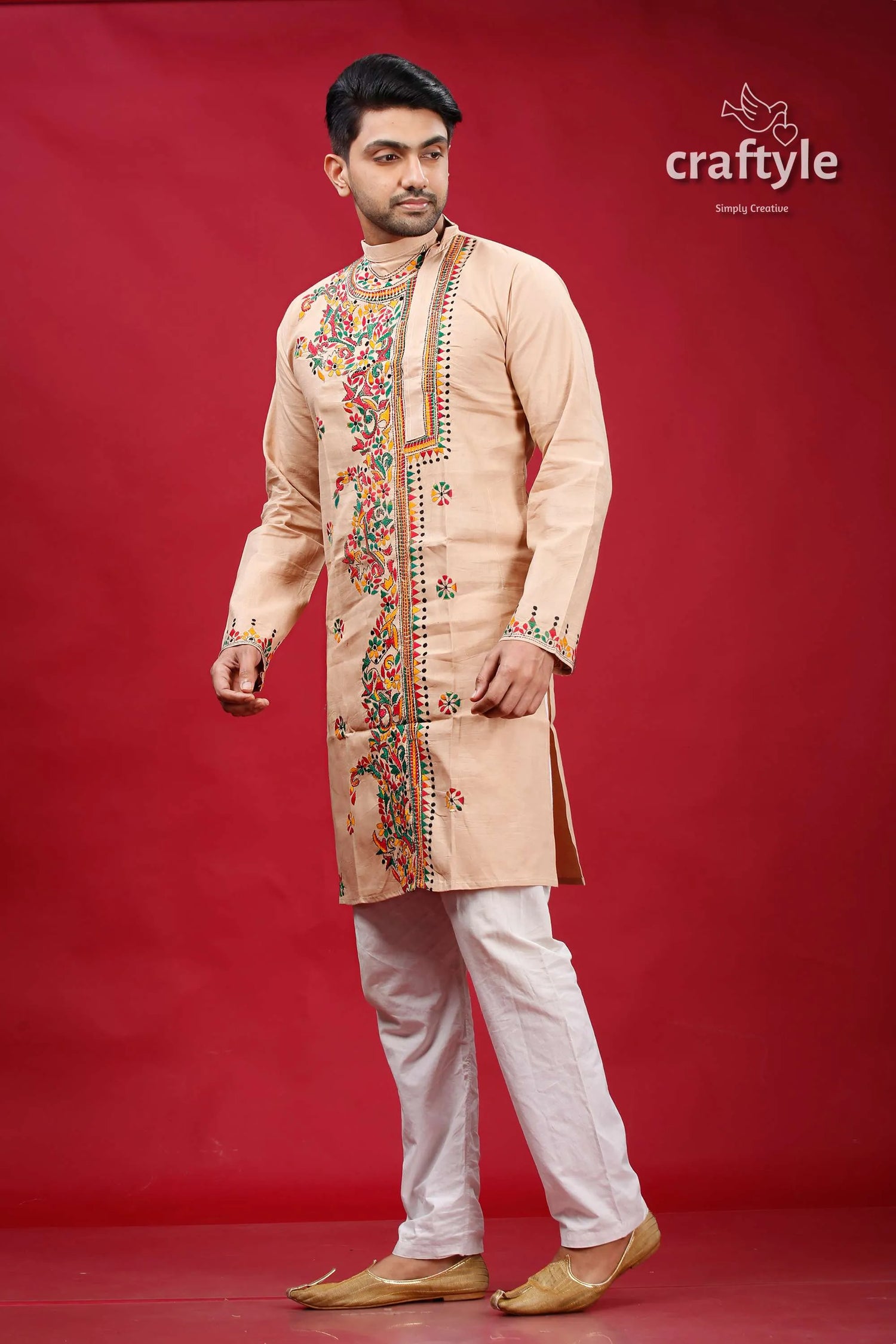 Rodeo dust multithread kantha stitched cotton mens kurta 3