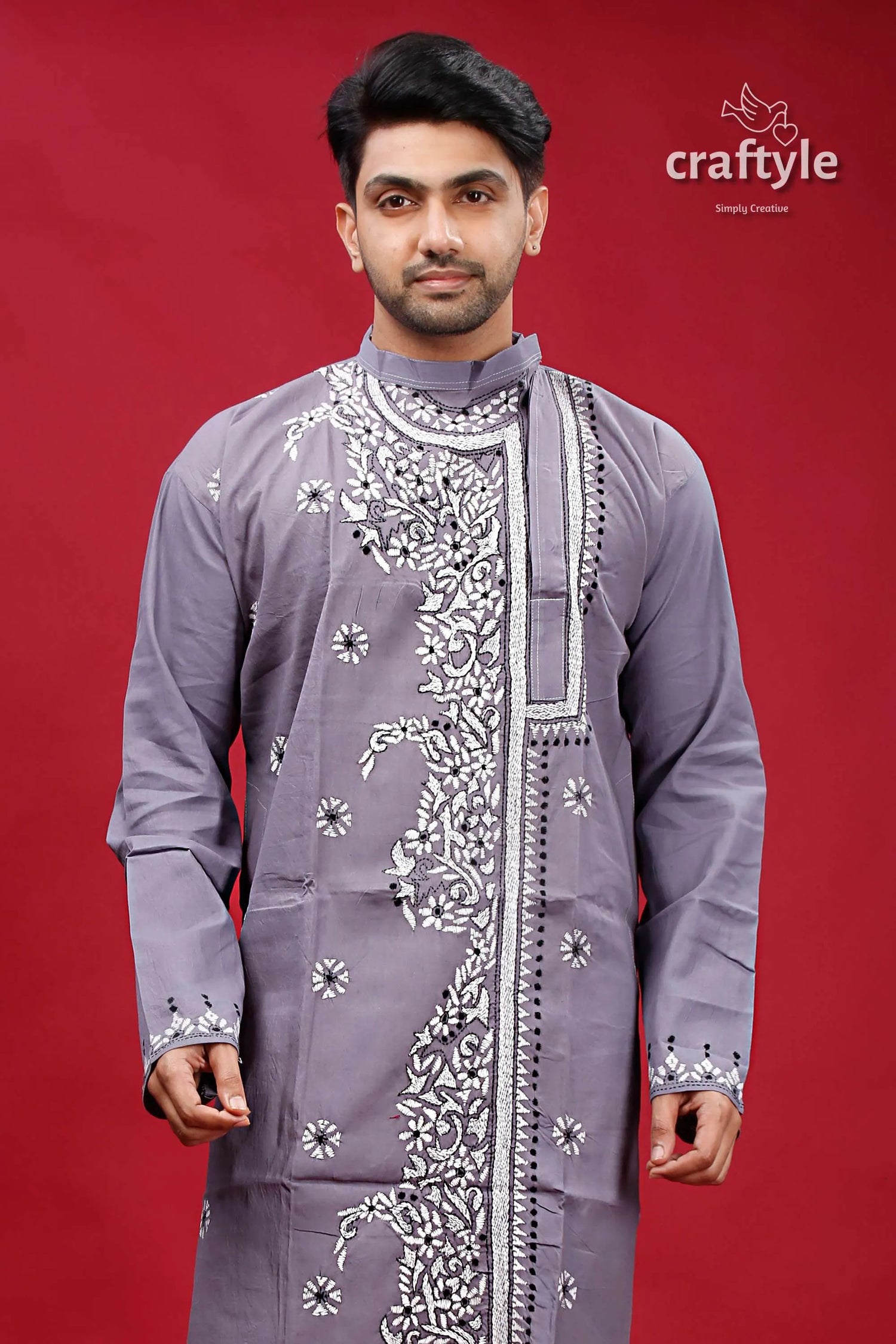 Roman silver kantha embroidery gents kurta man gray traditional intricate 2