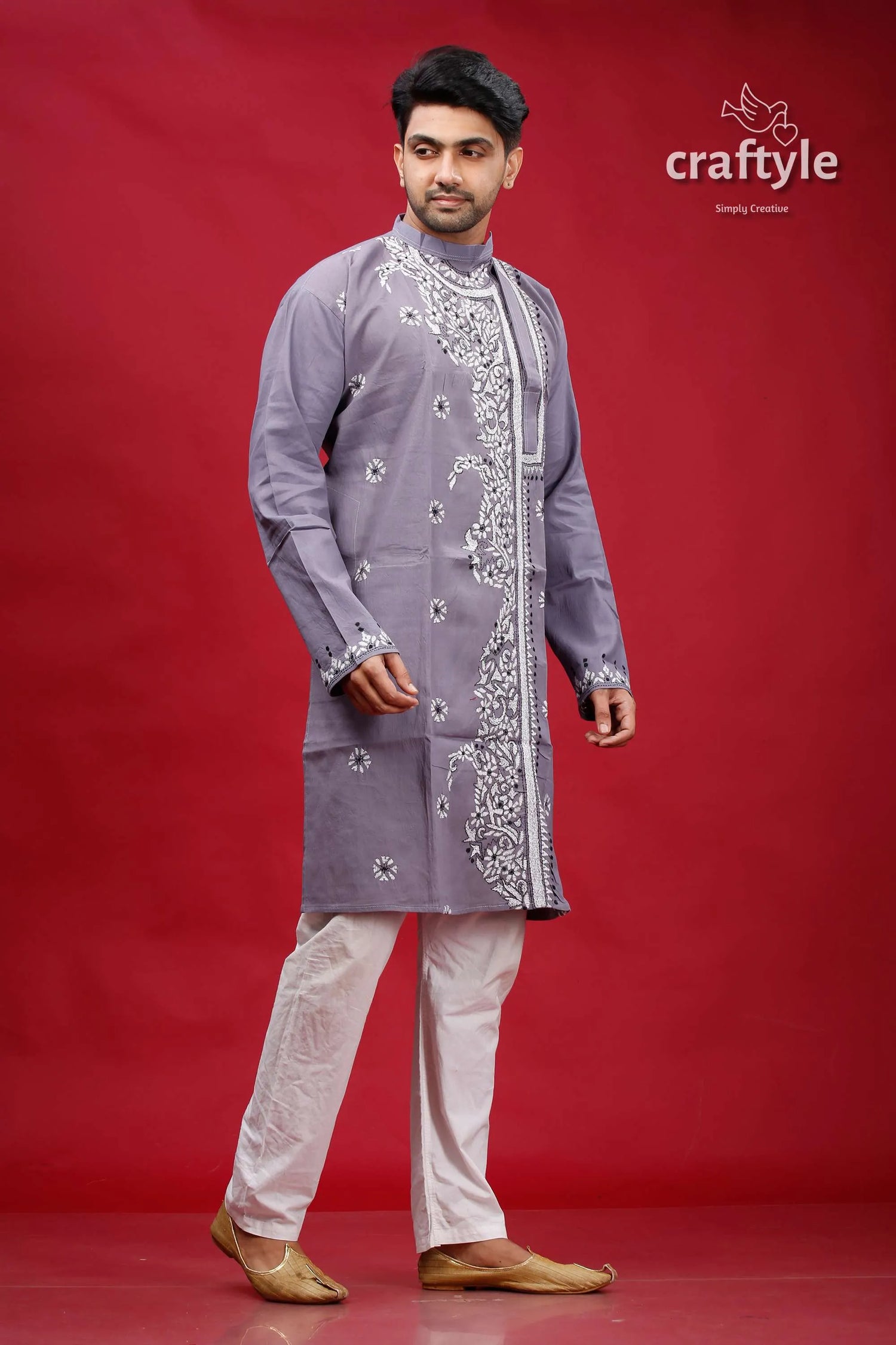 Roman silver kantha embroidery gents kurta man lavender-colored long-sleeved intricate 4
