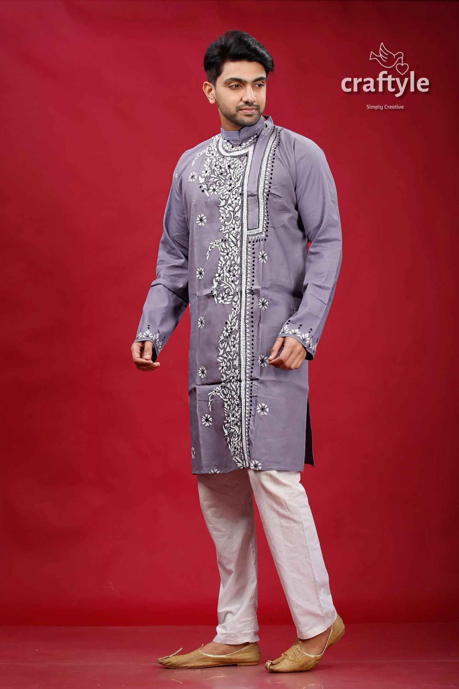 Roman silver kantha embroidery gents kurta gray embroidered white floral 3