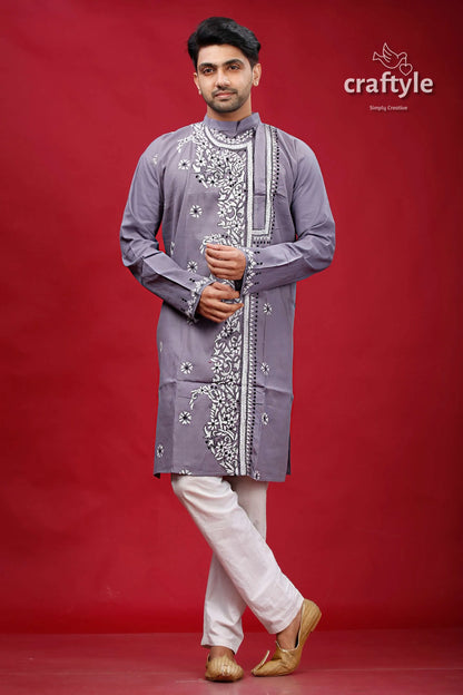 Roman silver kantha embroidery gents kurta man grey intricate white 1