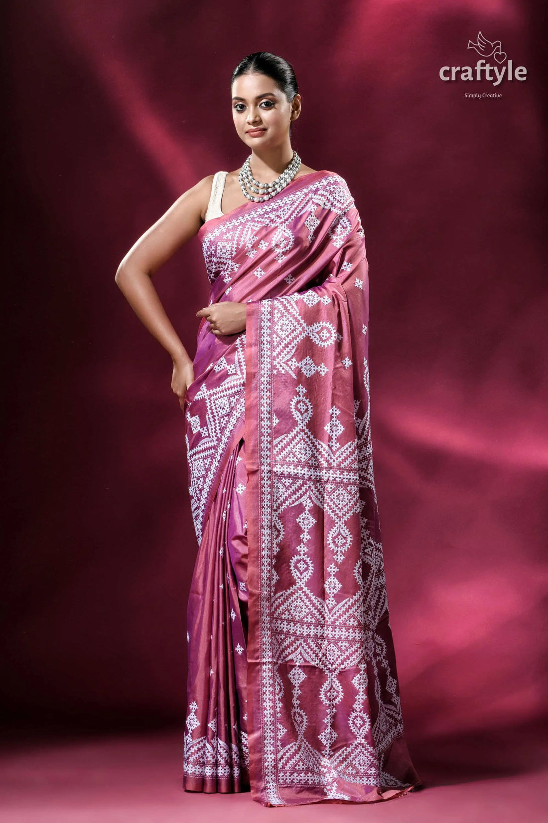Rose gold kutch work elegant kantha stitched saree mauve saree white embroidery 1