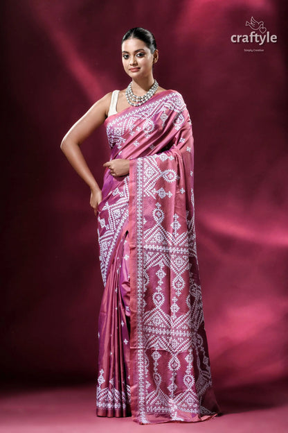 Rose gold kutch work elegant kantha stitched saree mauve saree white embroidery 1