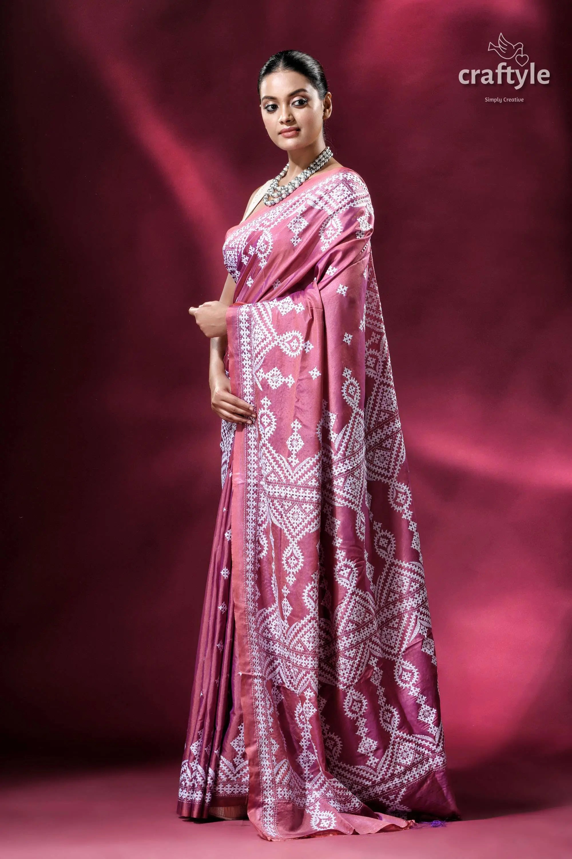 Rose gold kutch work elegant kantha stitched saree pink saree white embroidery 3