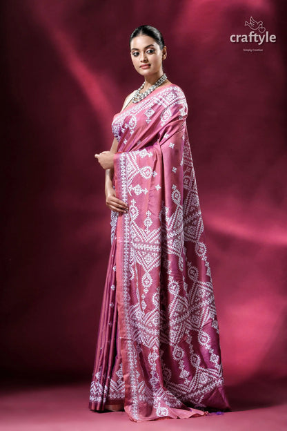 Rose gold kutch work elegant kantha stitched saree pink saree white embroidery 3
