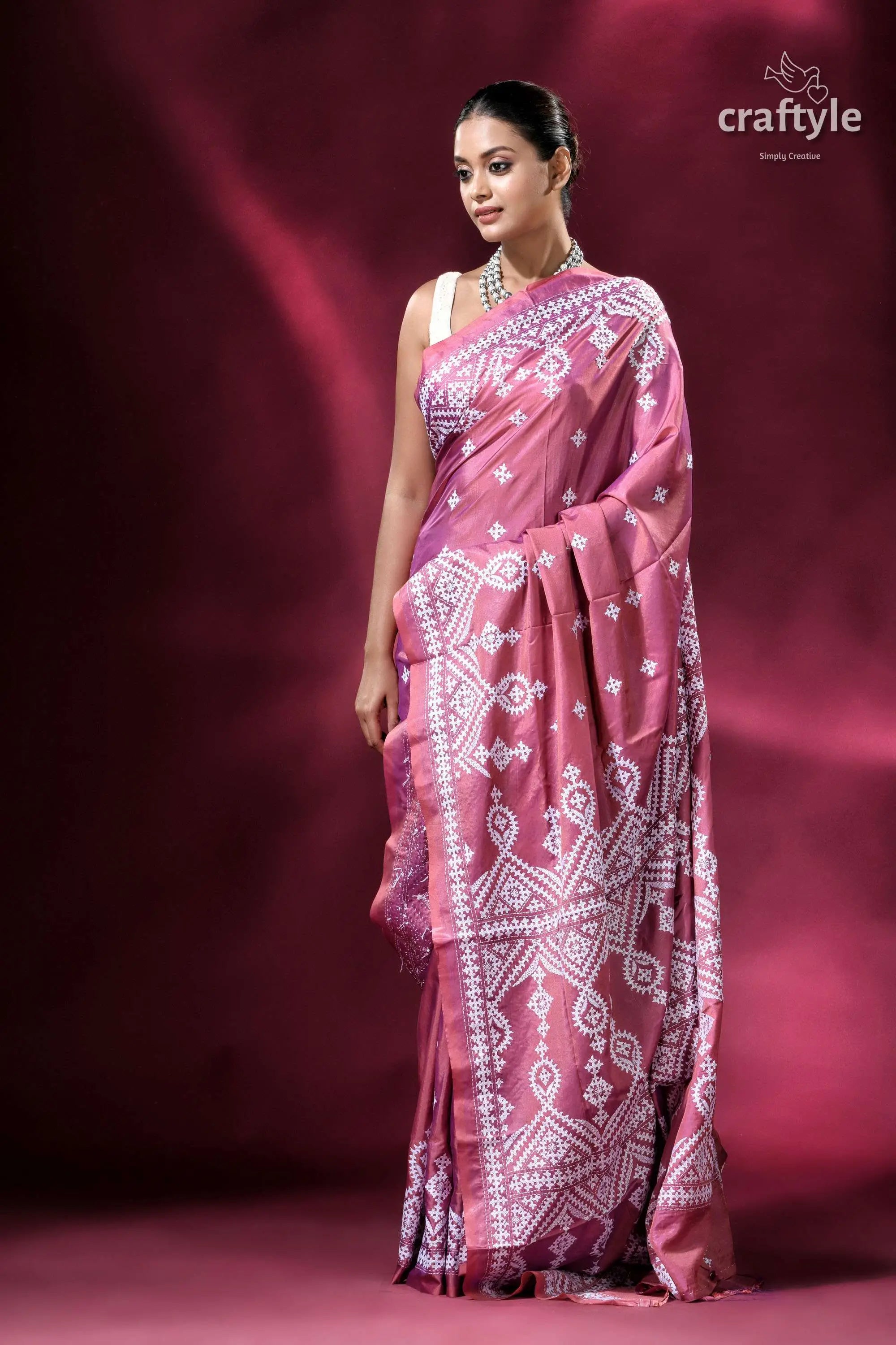 Rose gold kutch work elegant kantha stitched saree pink saree white embroidery 4