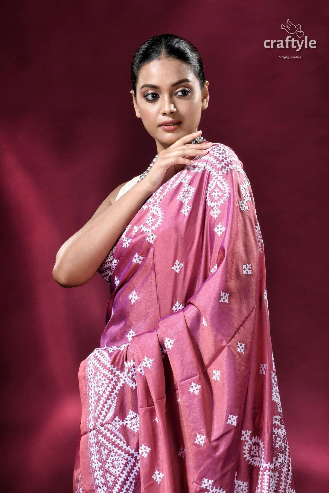 Rose gold kutch work elegant kantha stitched saree pink saree white embroidery 2