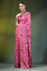 Rose pink bird motif handmade silk kantha stitch saree vibrant adorned intricate 6