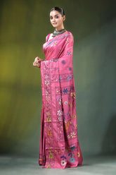 Rose pink bird motif handmade silk kantha stitch saree vibrant adorned intricate 3