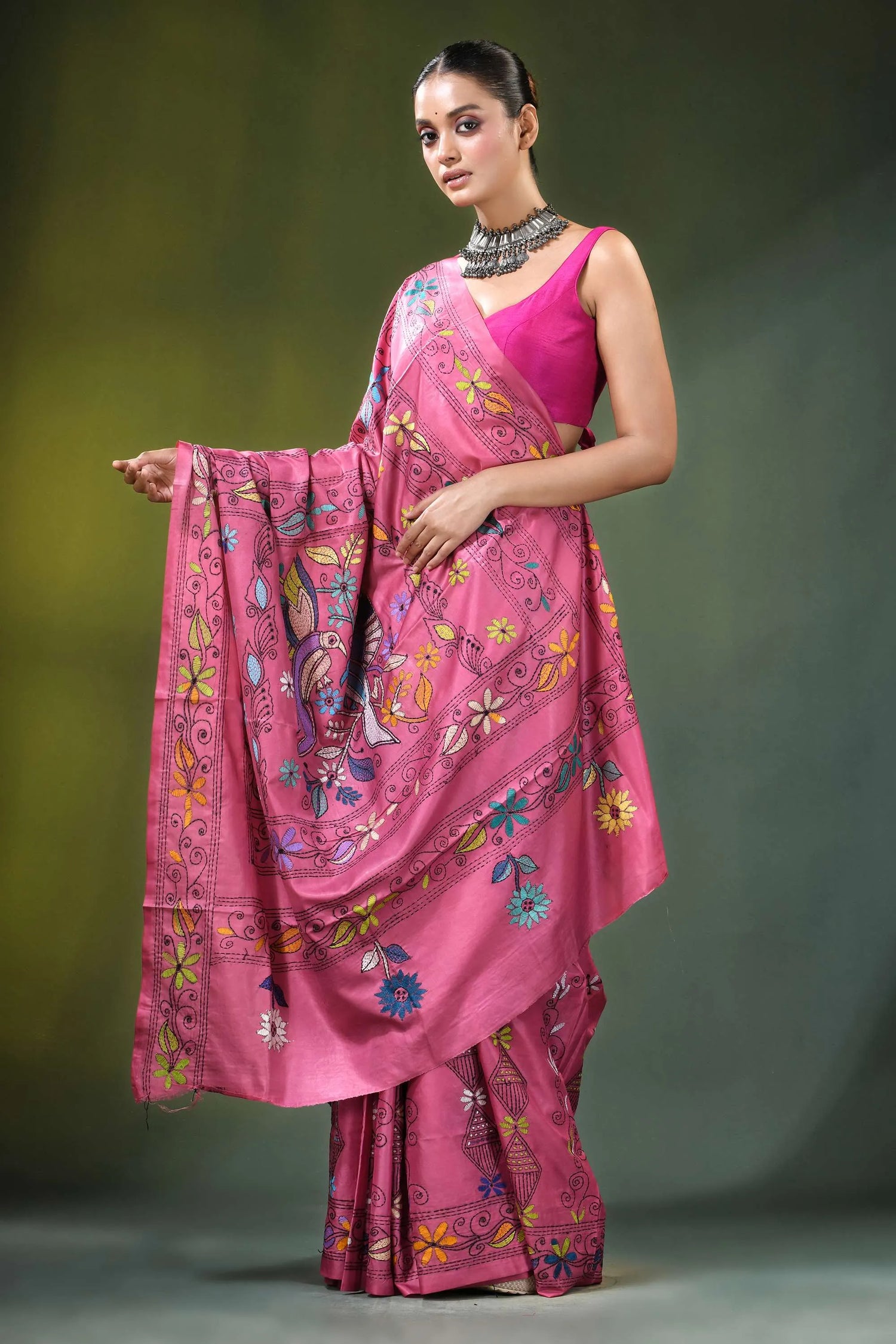 Rose pink bird motif handmade silk kantha stitch saree vibrant intricate floral 4