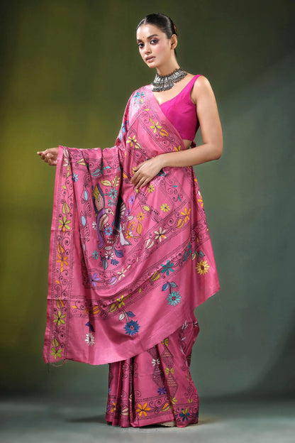 Rose pink bird motif handmade silk kantha stitch saree vibrant intricate floral 4