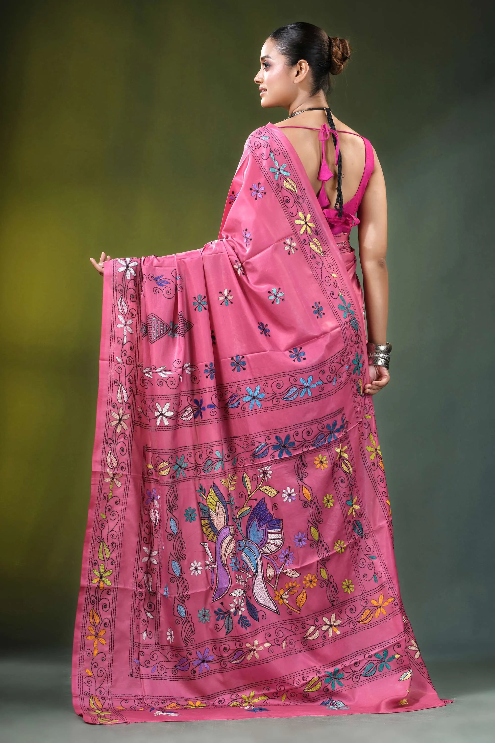 Rose pink bird motif handmade silk kantha stitch saree vibrant intricate floral 5