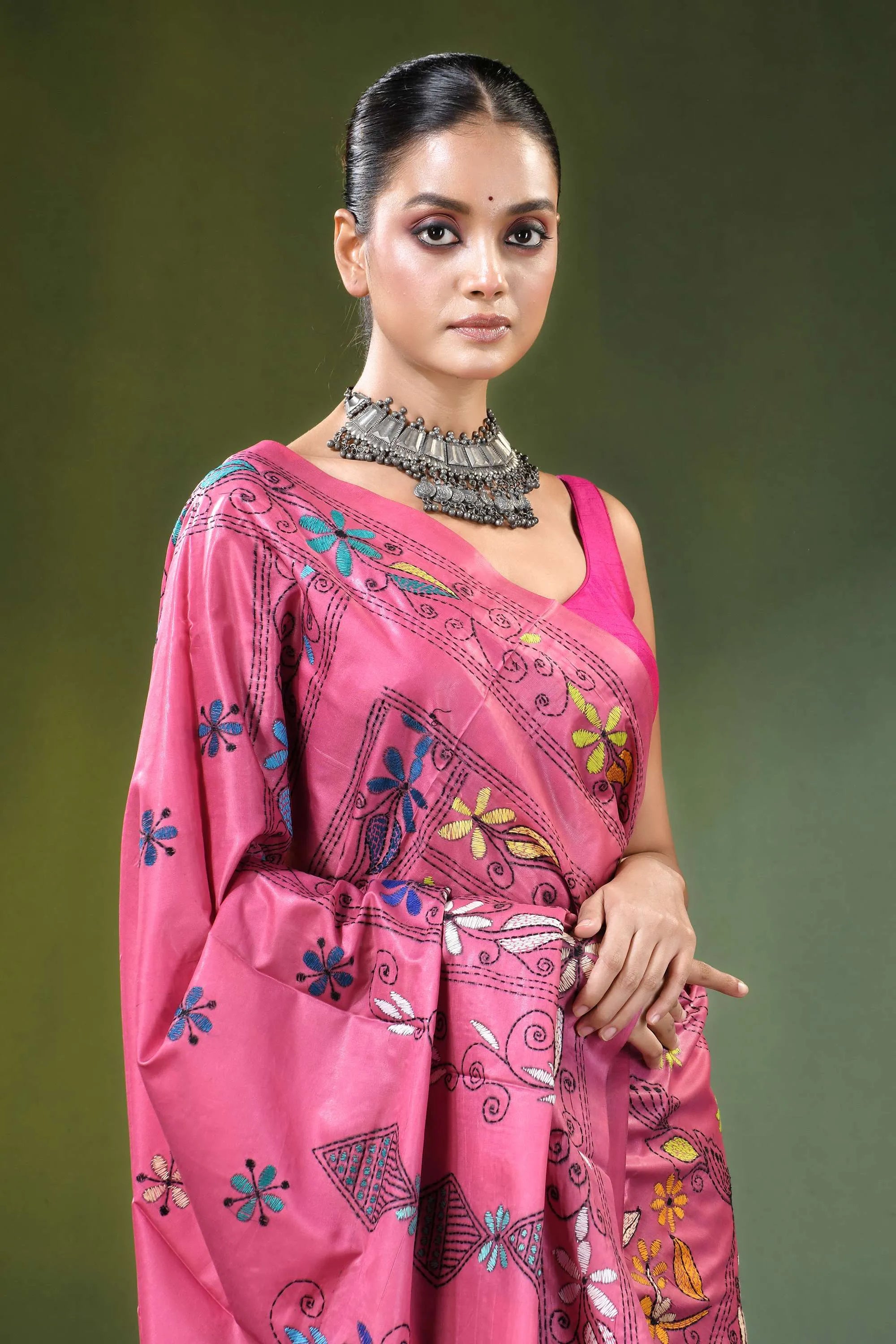 Rose pink bird motif handmade silk kantha stitch saree vibrant adorned intricate 2