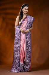 Rose pink dyed silk gujarati stitch saree with mirror work geometric design 4
