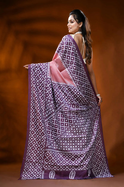 Rose pink dyed silk gujarati stitch saree with mirror work geometric design 5