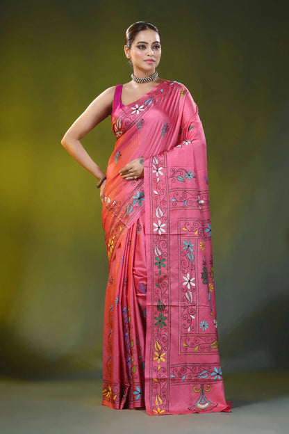 Rose pink hand embroidered village theme silk kantha saree 6