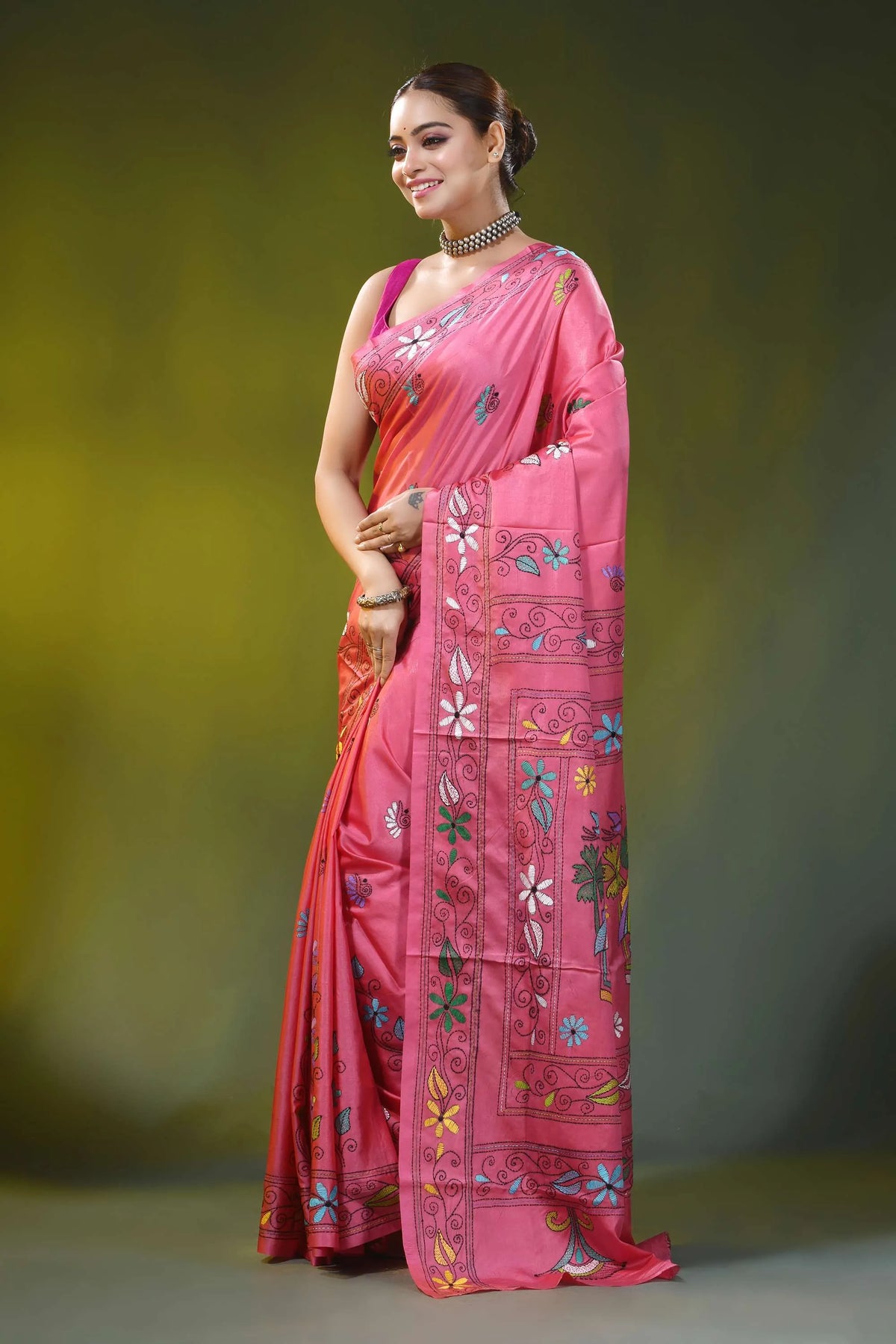 Rose pink hand embroidered village theme silk kantha saree 3