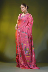 Rose pink hand embroidered village theme silk kantha saree 4