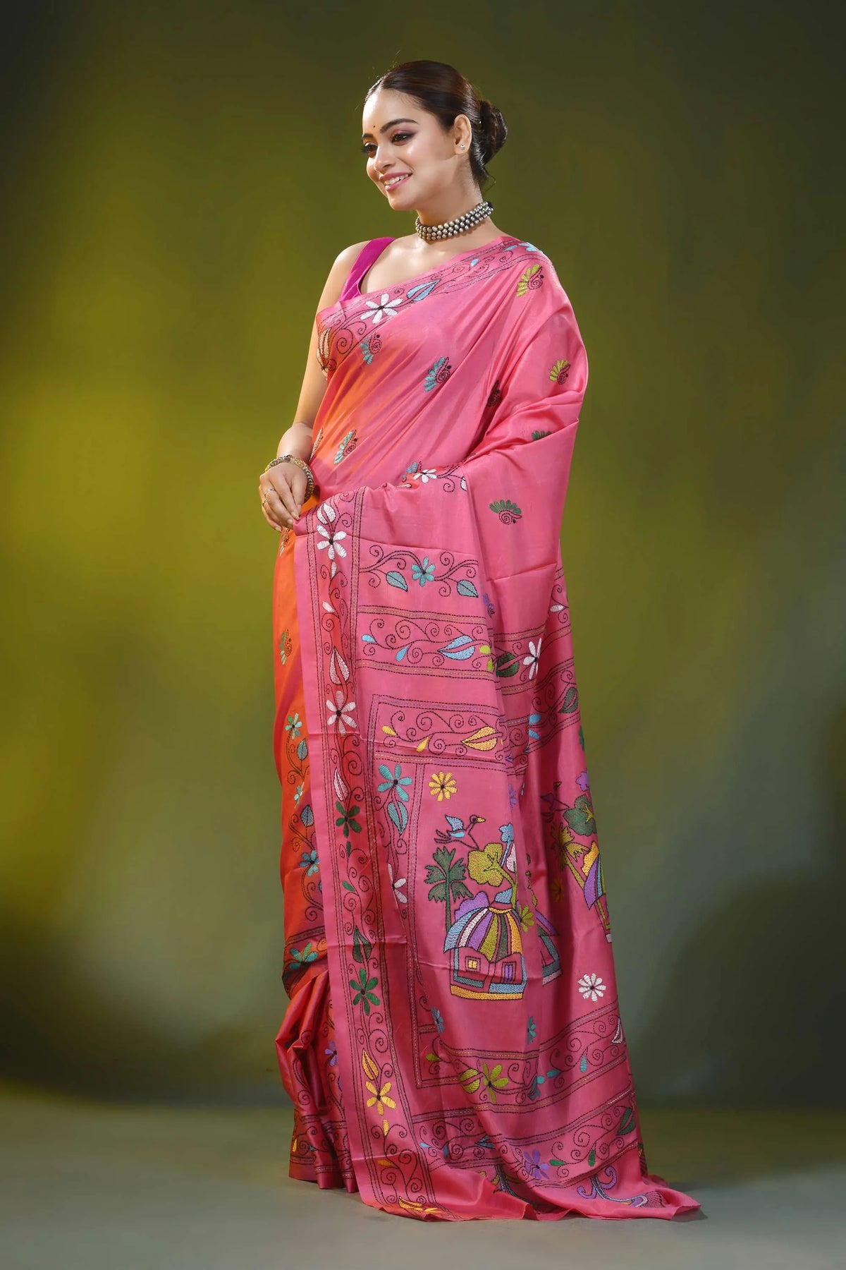 Rose pink hand embroidered village theme silk kantha saree 4
