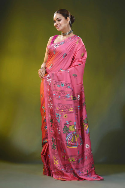 Rose pink hand embroidered village theme silk kantha saree 4