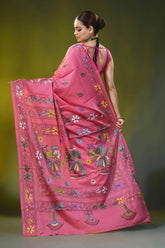 Rose pink hand embroidered village theme silk kantha saree 5