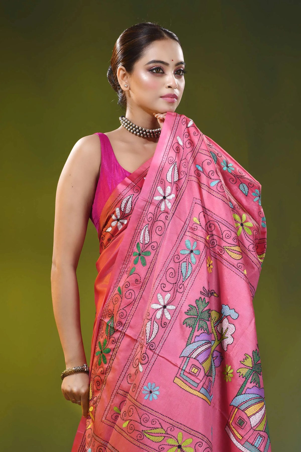 Rose pink hand embroidered village theme silk kantha saree 2