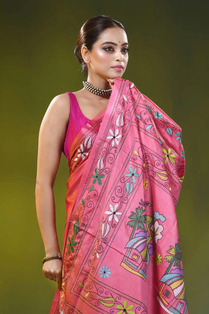 Rose pink hand embroidered village theme silk kantha saree 2