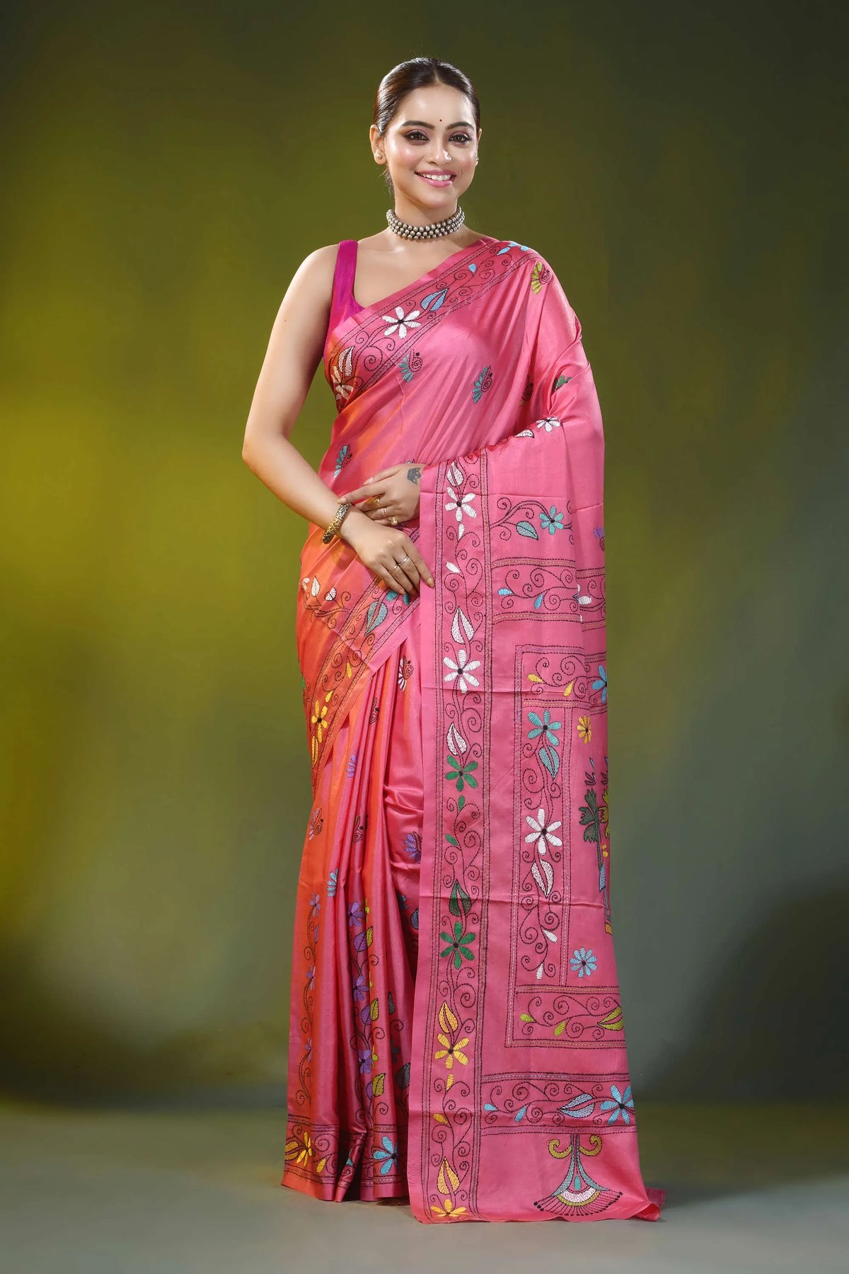Rose pink hand embroidered village theme silk kantha saree 1