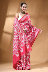 Rose pink handcrafted floral design silk kantha stitch saree vibrant red saree intricate white 5