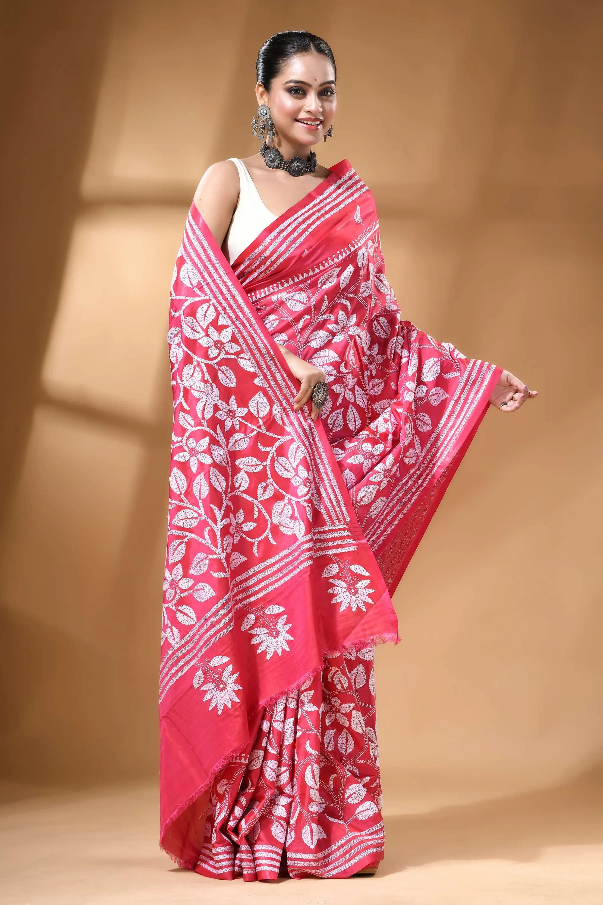 Rose pink handcrafted floral design silk kantha stitch saree vibrant red saree intricate white 5