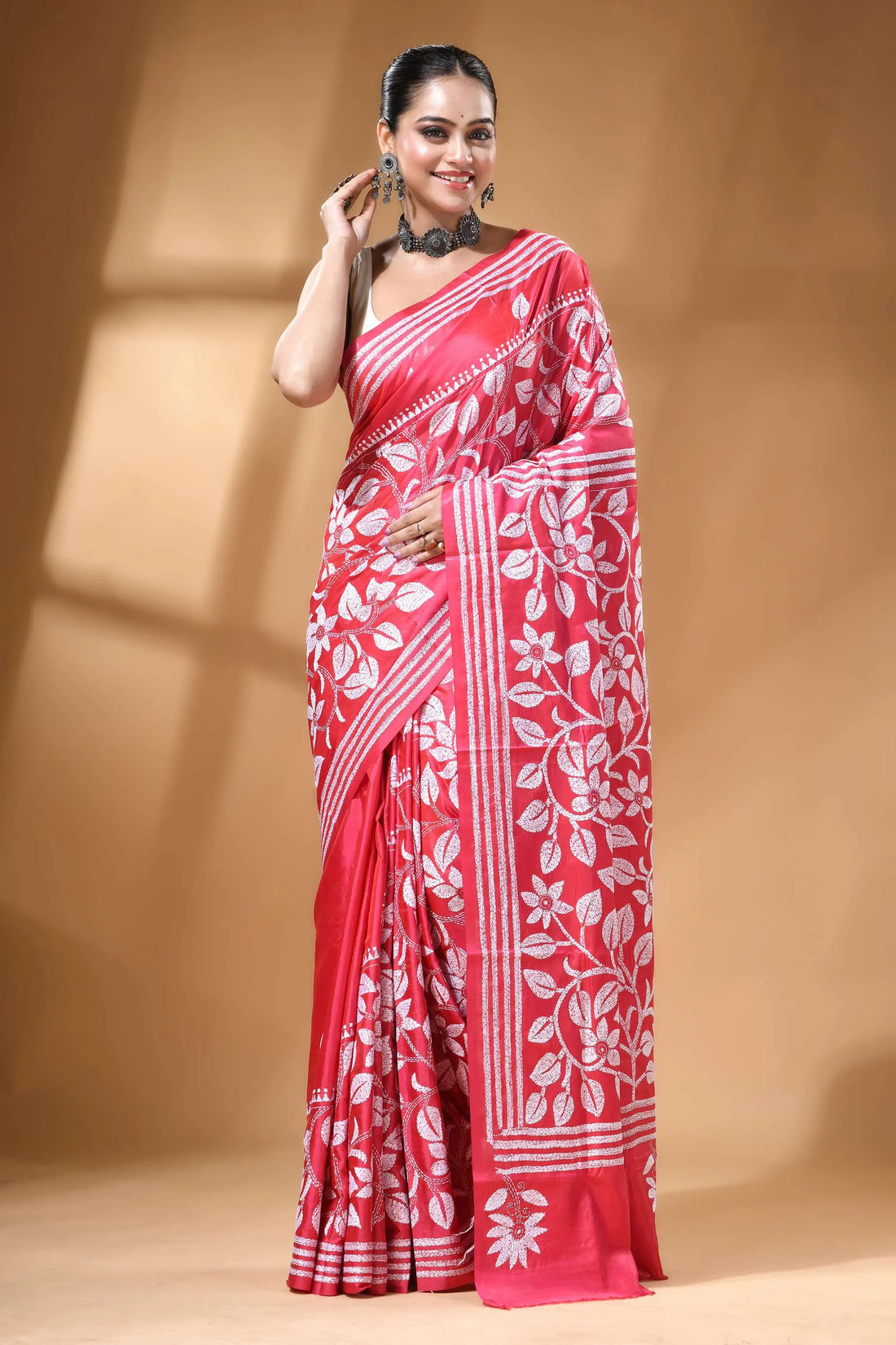 Rose pink handcrafted floral design silk kantha stitch saree vibrant red saree adorned intricate 1