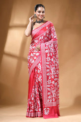 Rose pink handcrafted floral design silk kantha stitch saree vibrant red saree adorned intricate 1