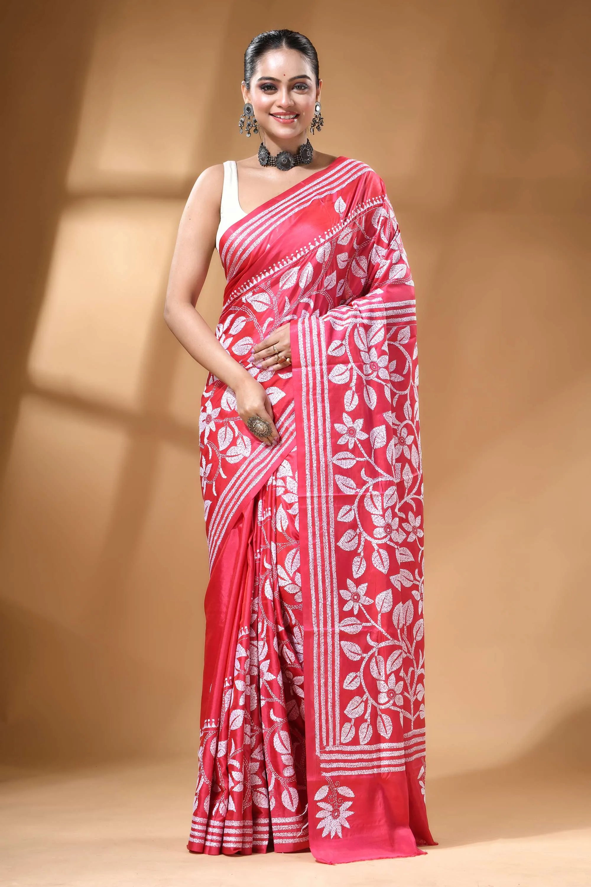 Rose pink handcrafted floral design silk kantha stitch saree vibrant pink saree intricate white 6