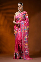 Rose pink handcrafted silk kantha saree with paisley floral design 6