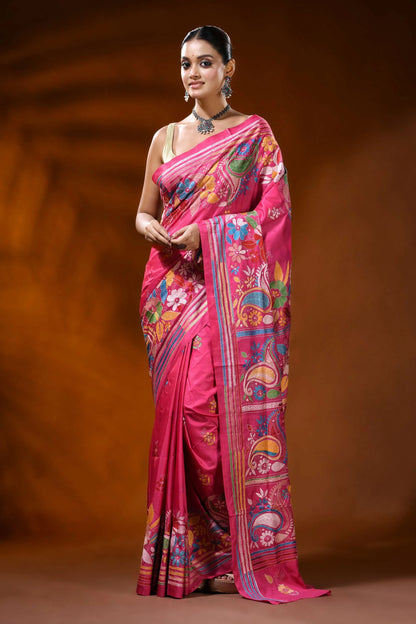 Rose pink handcrafted silk kantha saree with paisley floral design 6