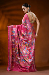 Rose pink handcrafted silk kantha saree with paisley floral design 5