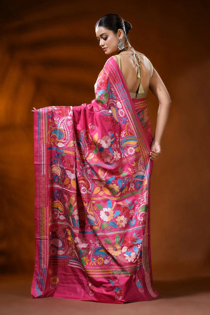Rose pink handcrafted silk kantha saree with paisley floral design 5