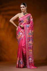 Rose pink handcrafted silk kantha saree with paisley floral design 1