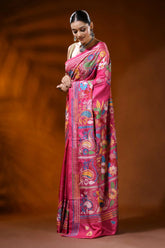 Rose pink handcrafted silk kantha saree with paisley floral design 3