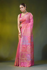 Rose pink handmade circular motif silk gujarati stitch saree 3