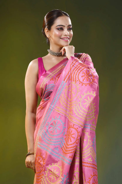 Rose pink handmade circular motif silk gujarati stitch saree 2